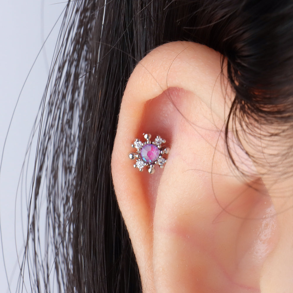 Colored Gem Snowflake Stud - Stainless Steel - Upper Lobe, Helix, Flat - Oumo Jewelry
