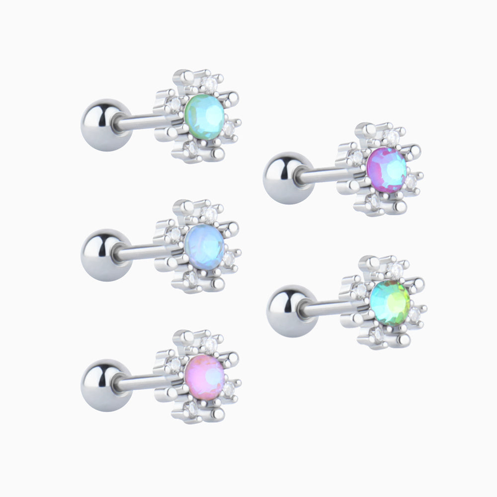 Colored Gem Snowflake Stud - Stainless Steel - Upper Lobe, Helix, Flat - Oumo Jewelry