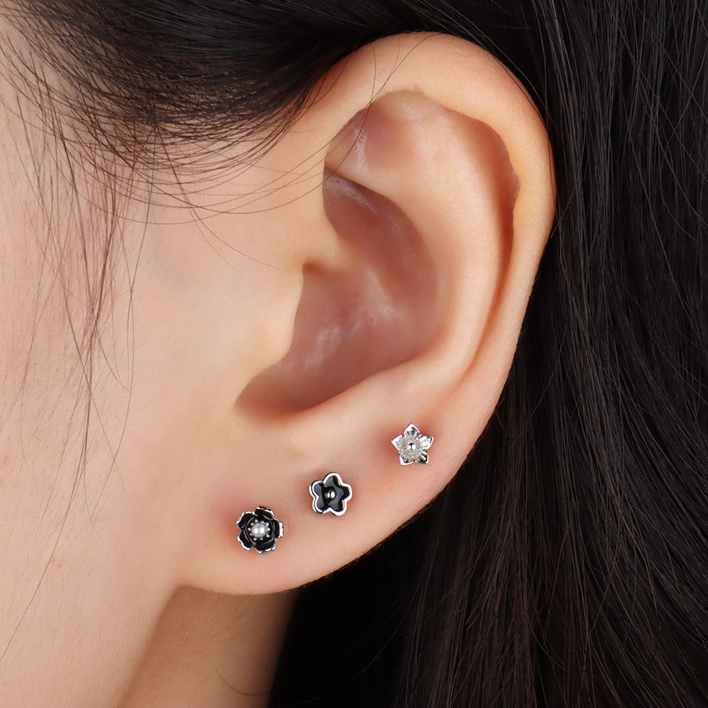 Pearl Enamel Flower Stud - Stainless Steel - Upper Lobe, Helix, Flat - Oumo Jewelry