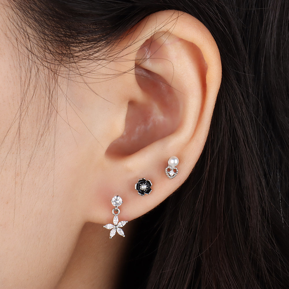 Pearl Enamel Flower Stud - Stainless Steel - Upper Lobe, Helix, Flat - Oumo Jewelry