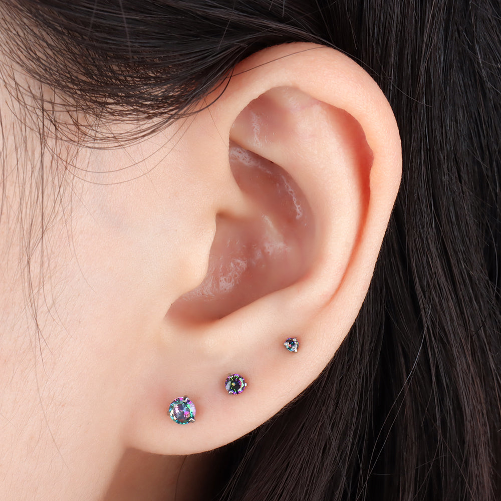 Colorful Round Gemstone Stud - Stainless Steel - Upper Lobe, Helix, Flat - Oumo Jewelry