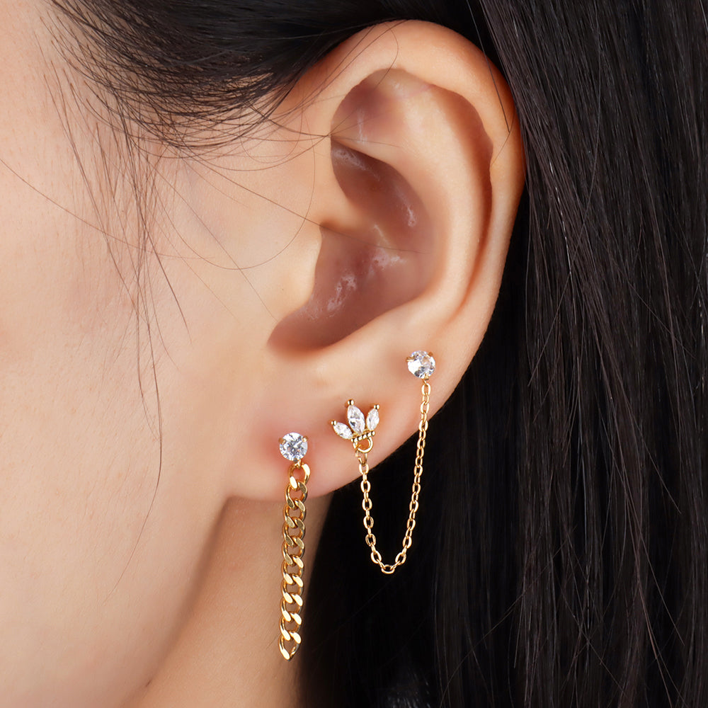 Crown Chain Earring - Stainless Steel - Lobe, Upper Lobe - Oumo Jewelry