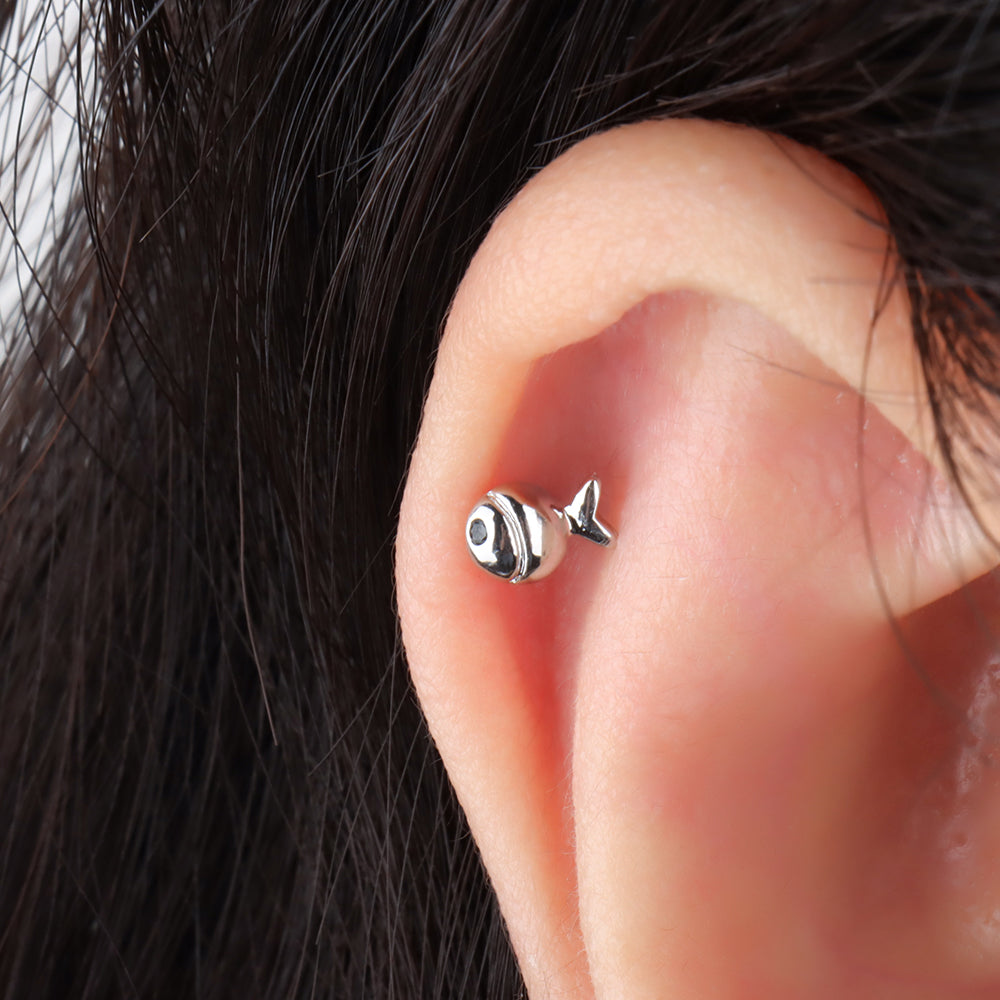 Puffed Cute Fish Stud - Stainless Steel - Upper Lobe, Helix, Flat - Oumo Jewelry